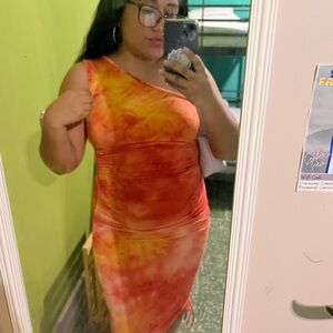 Orange Tie-Dye One-Shoulder Dress